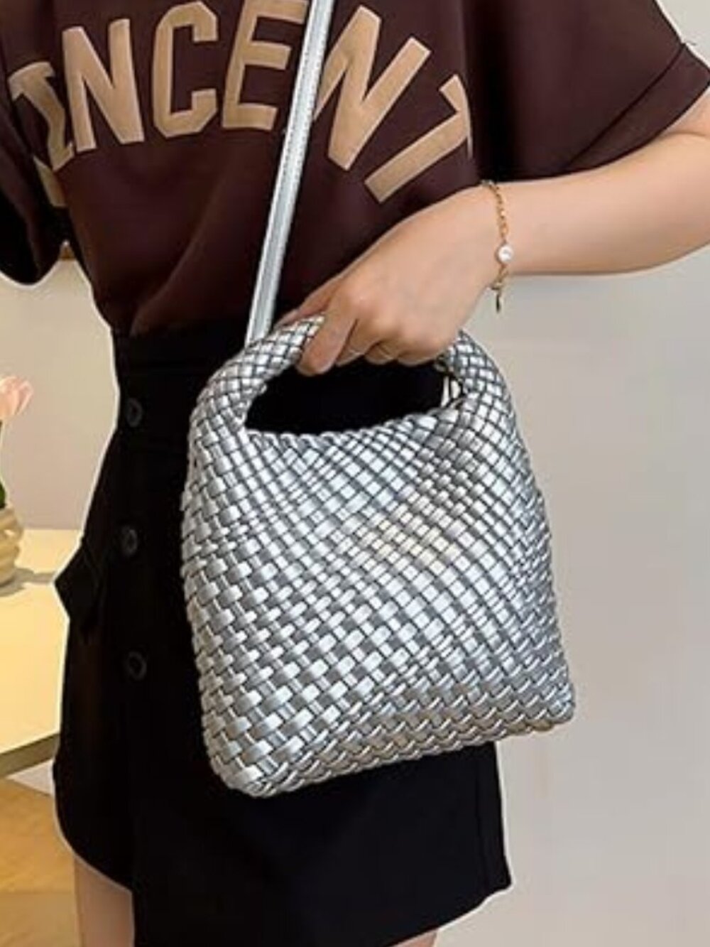 Neiman Marcus Knotted Silver Woven Handbag